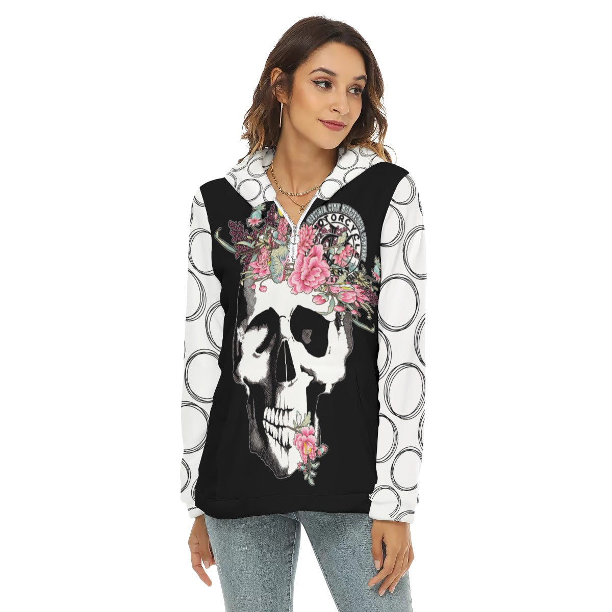 Skull + Flower - Women's Fuzzy Fleece Hoodie With Half Zip Virginia City Motorcycle Company