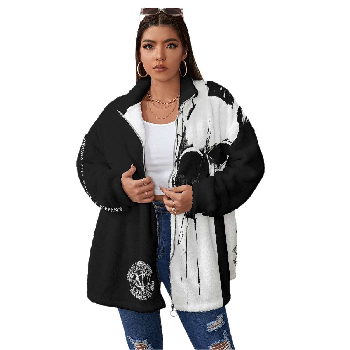 Black and White Skull - Oversize Fuzzy Fleece Zip Up (Plus Size) Virginia City Motorcycle Company