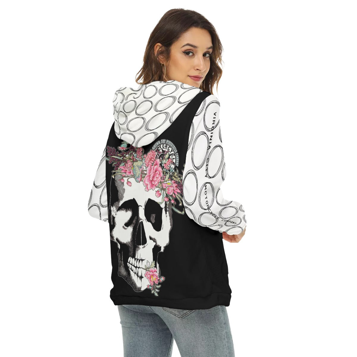 Skull + Flower - Women's Fuzzy Fleece Hoodie With Half Zip Virginia City Motorcycle Company