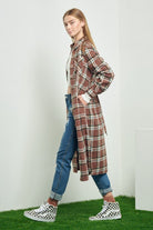 PLAID PRINT COLLAR LONG SHIRT DRESS Jade By Jane