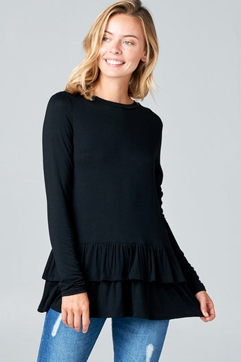 RUFFLE BOTTOM LONG SLEEVE ROUND NECK TUNIC TOP e Luna