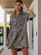 Pocketed Collared Neck Short Sleeve Denim Dress Trendsi