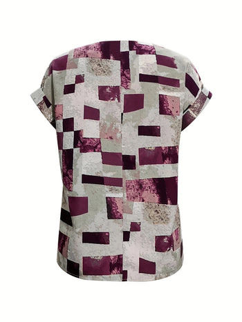 Printed Notched Short Sleeve Blouse Trendsi