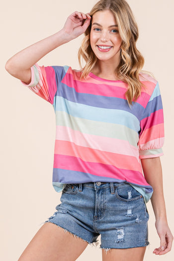 BOMBOM Striped Round Neck Half Sleeve T-Shirt Trendsi