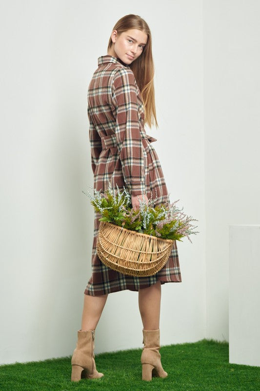 PLAID PRINT COLLAR LONG SHIRT DRESS Jade By Jane