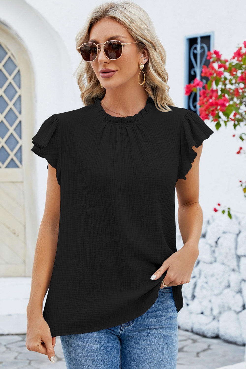 Ruffled Round Neck Cap Sleeve Blouse Casual Chic Boutique