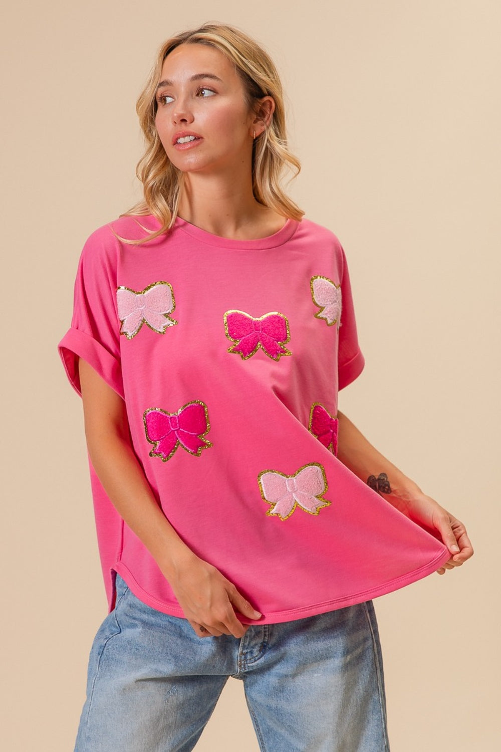 BiBi French Terry Drop Shoulder Bow Patched T-Shirt Trendsi