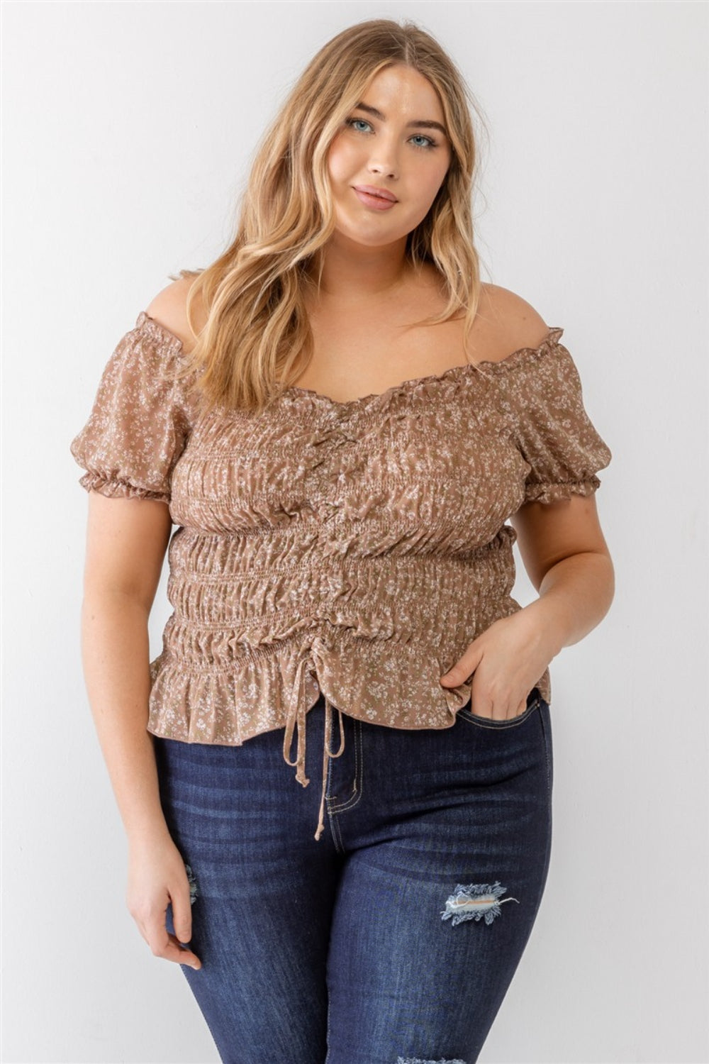 Zenobia Plus Size Frill Ruched Off-Shoulder Short Sleeve Blouse Zenobia