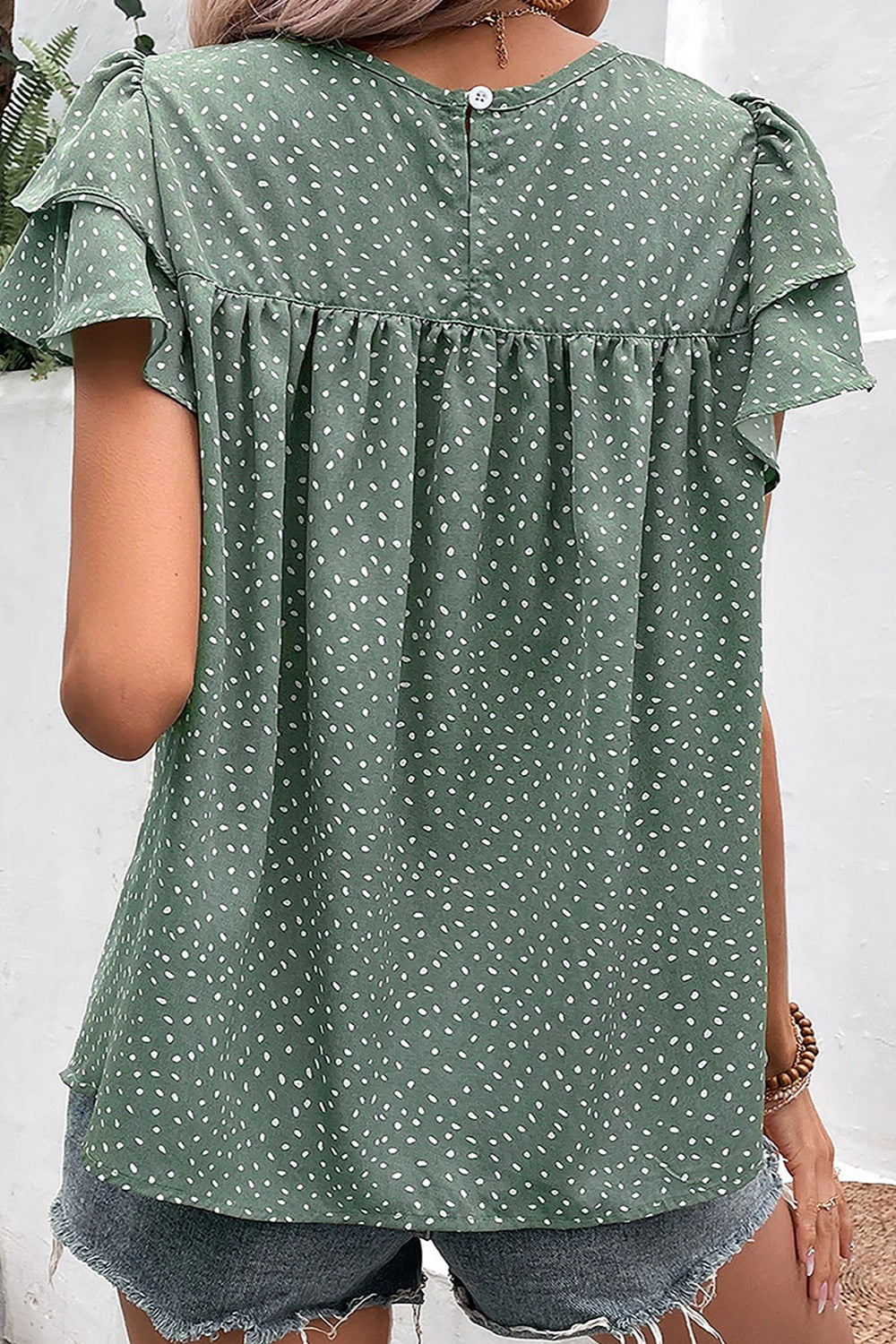 Ruffled Printed Round Neck Cap Sleeve Blouse Trendsi