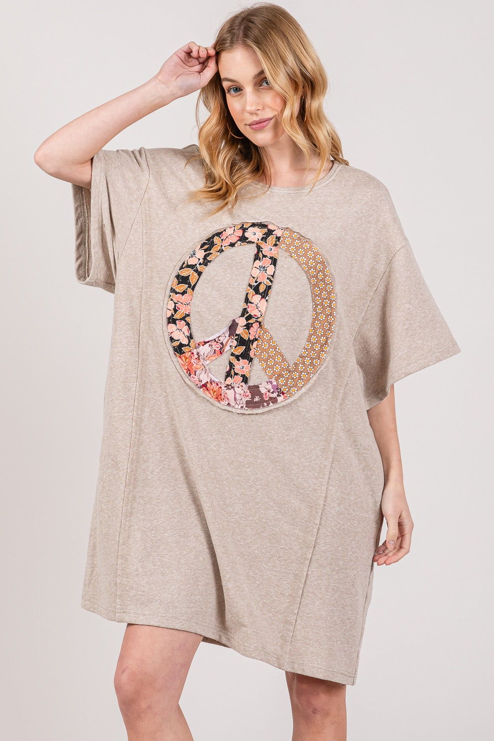 SAGE + FIG Full Size Peace Sign Applique Short Sleeve Tee Dress Trendsi