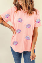 Shell Round Neck Short Sleeve T-Shirt Trendsi