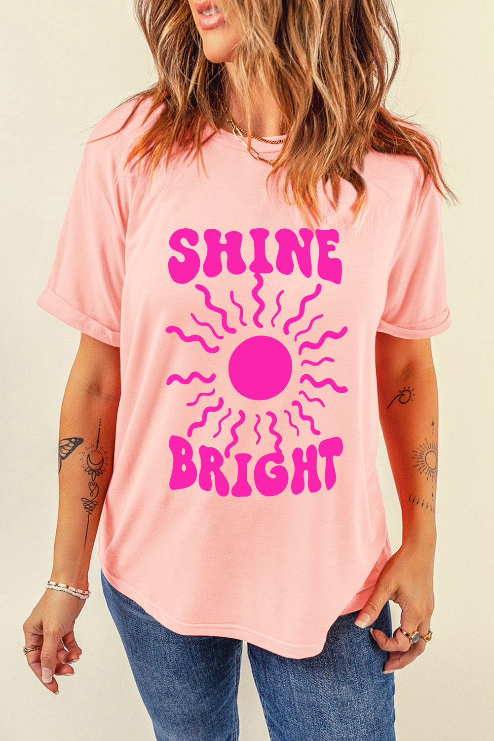 SHINE BRIGHT Round Neck Short Sleeve T-Shirt Trendsi