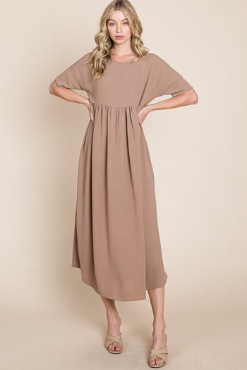 BOMBOM Round Neck Ruched Midi Dress Trendsi