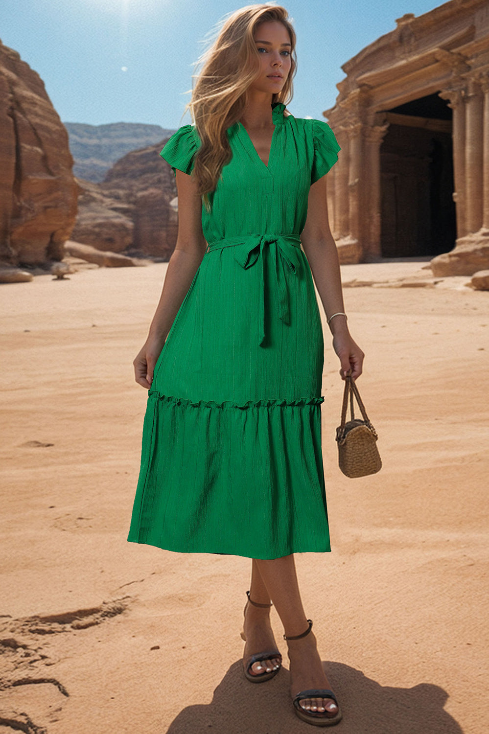 Tied Notched Cap Sleeve Dress Trendsi