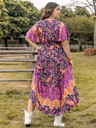 Plus Size Printed V-Neck Flutter Sleeve Midi Dress Trendsi