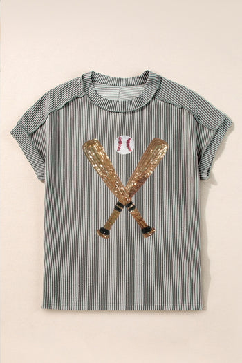 Sequin Baseball Round Neck Short Sleeve T-Shirt Trendsi