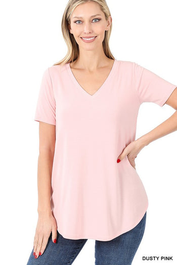 Short Sleeve V-Neck Round Hem Top ZENANA