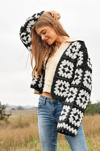 Two-Tone Floral Square Crochet Open Knit Cardigan Davi & Dani