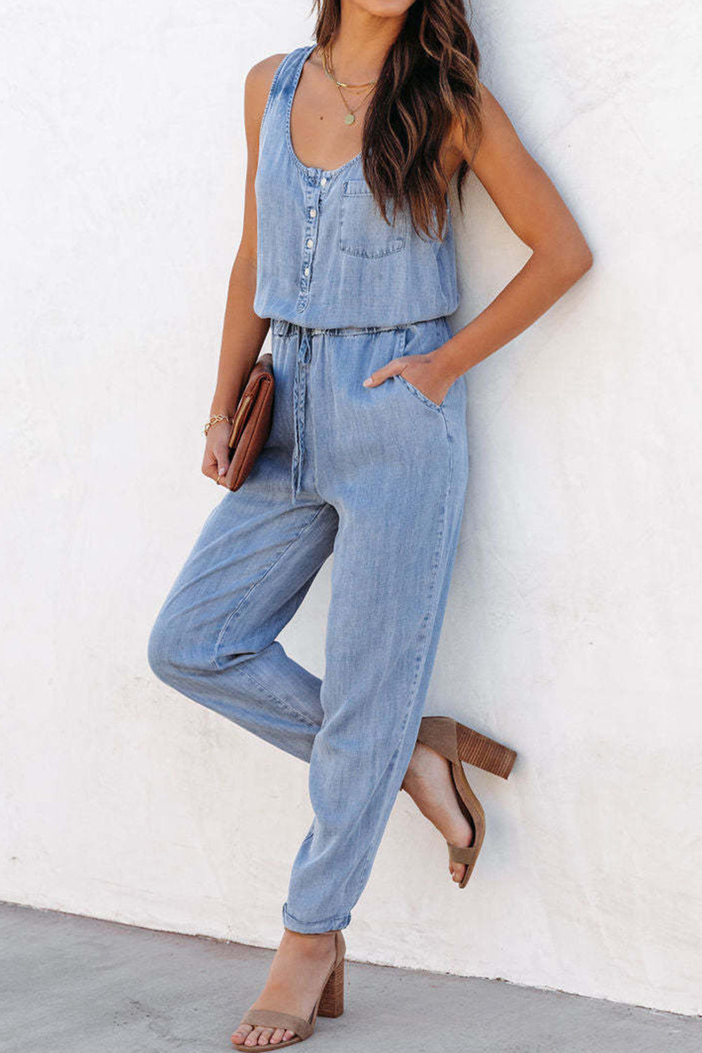 Pocketed Half Button Sleeveless Denim Jumpsuit Trendsi