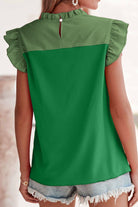 Ruffled Color Block Round Neck Cap Sleeve Blouse Trendsi