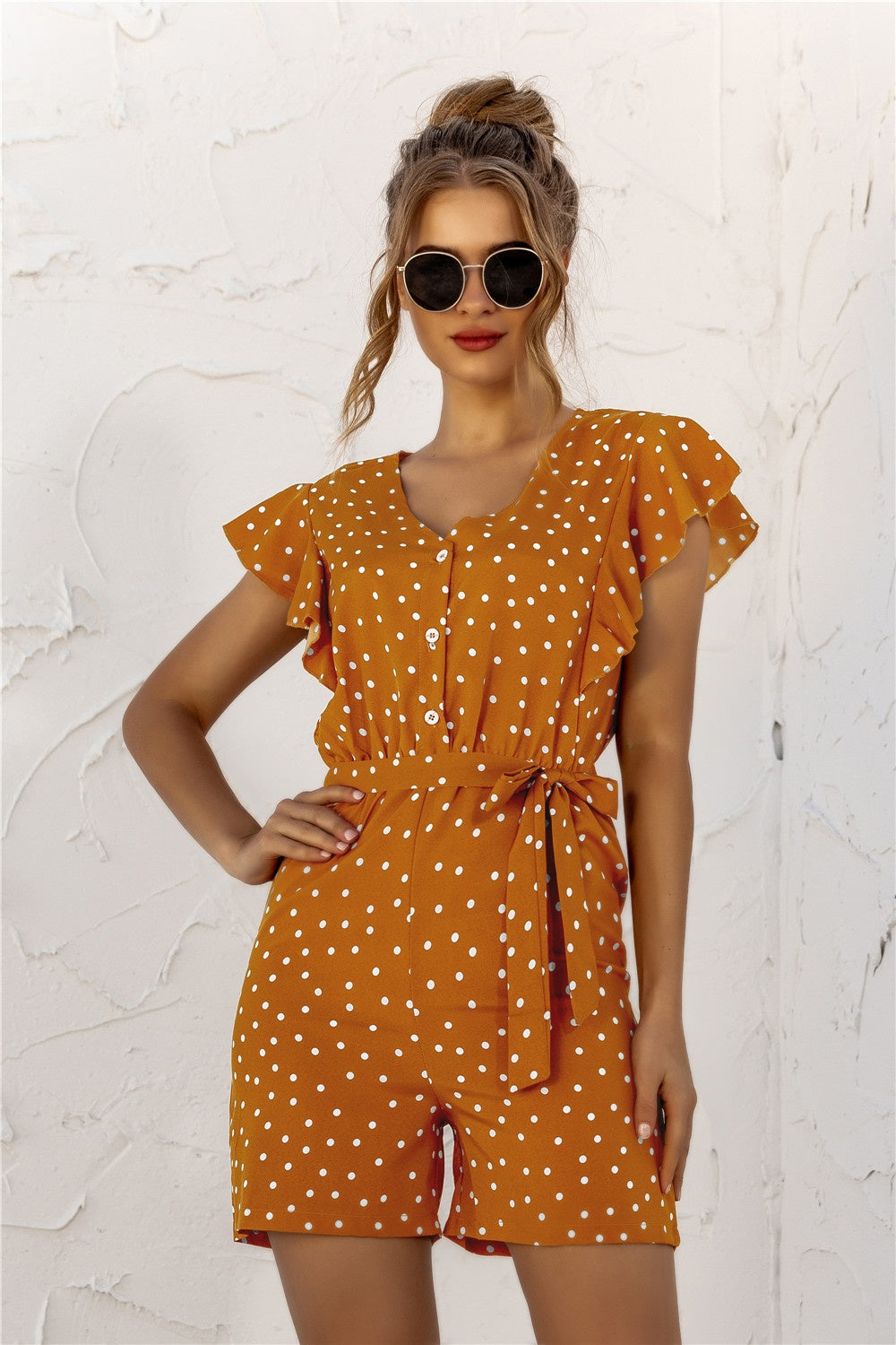 Ruffled Polka Dot Half Button Romper Trendsi