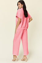 Double Take Full Size Texture Half Zip Short Sleeve Top and Pants Set Trendsi