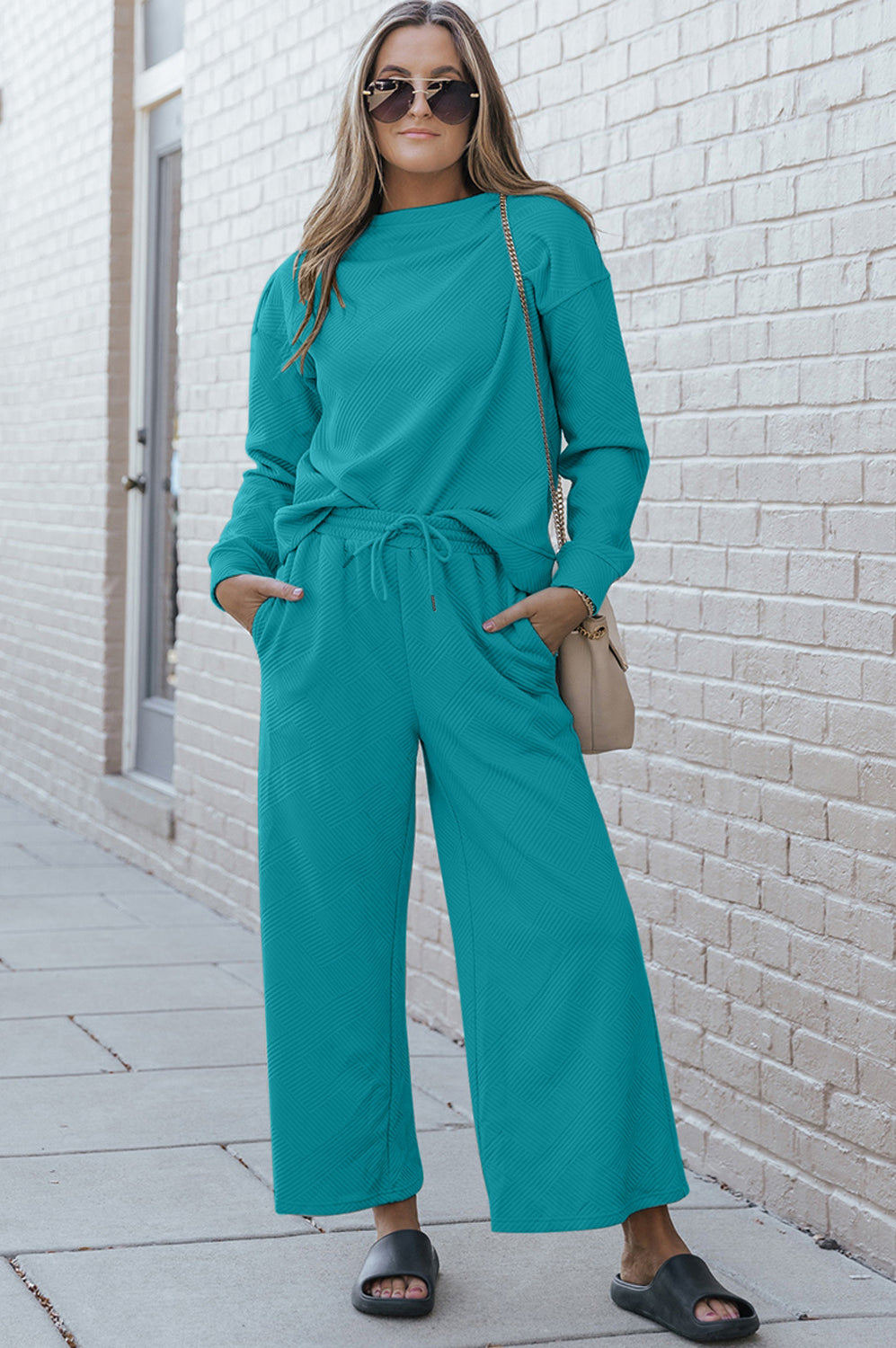 Double Take | Textured Long Sleeve Top and Drawstring Pants Set Double Take