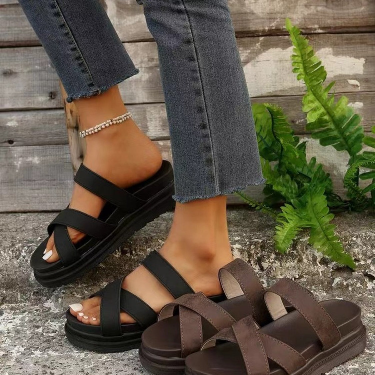 Crisscross PU Leather Flat Sandals Trendsi