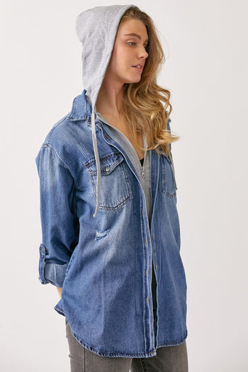 RISEN Zip Up Hooded Denim Shirt Trendsi