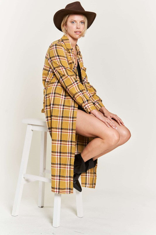 PLAID PRINT COLLAR LONG SHIRT DRESS PLUS Jade By Jane