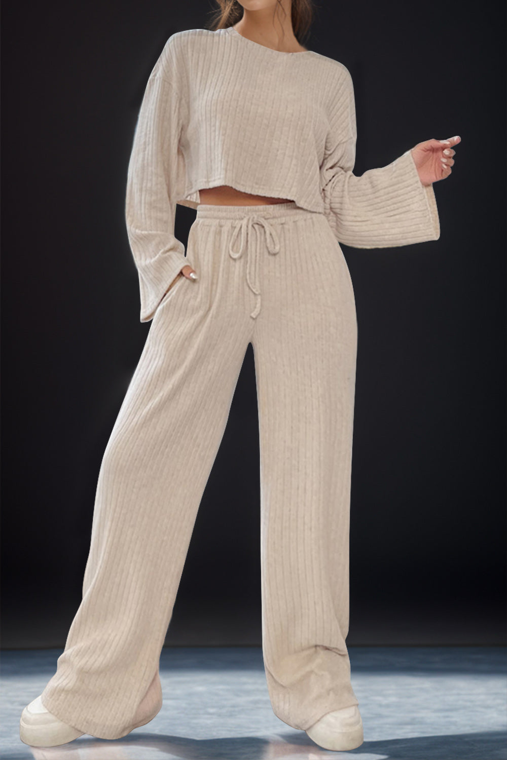 Round Neck Long Sleeve Top and Pants Set Trendsi