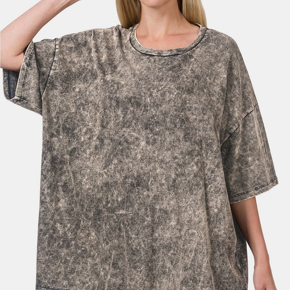 Zenana Washed Round Neck Drop Shoulder Oversized T-Shirt