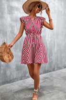 Ruffled Striped Cap Sleeve Mini Dress Trendsi