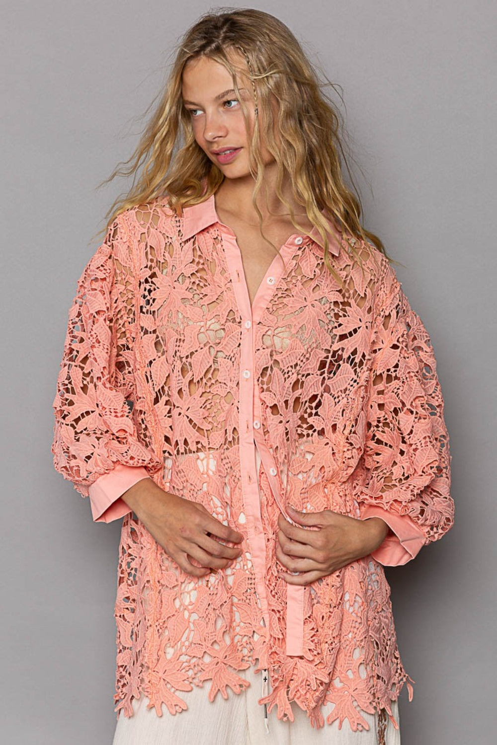 POL Collared Neck Button Up Lace Shirt Trendsi