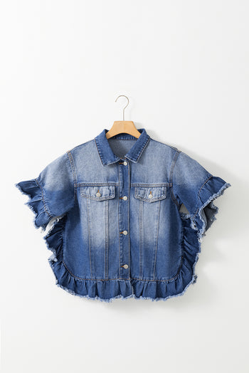 Ruffled Raw Hem Half Sleeve Denim Top Trendsi