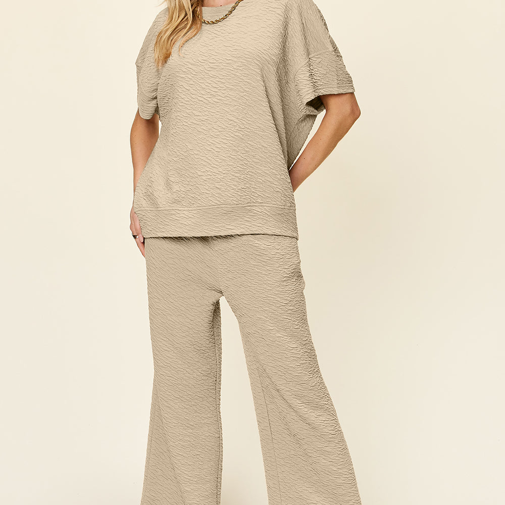 Texture Short Sleeve Top and Pants Set