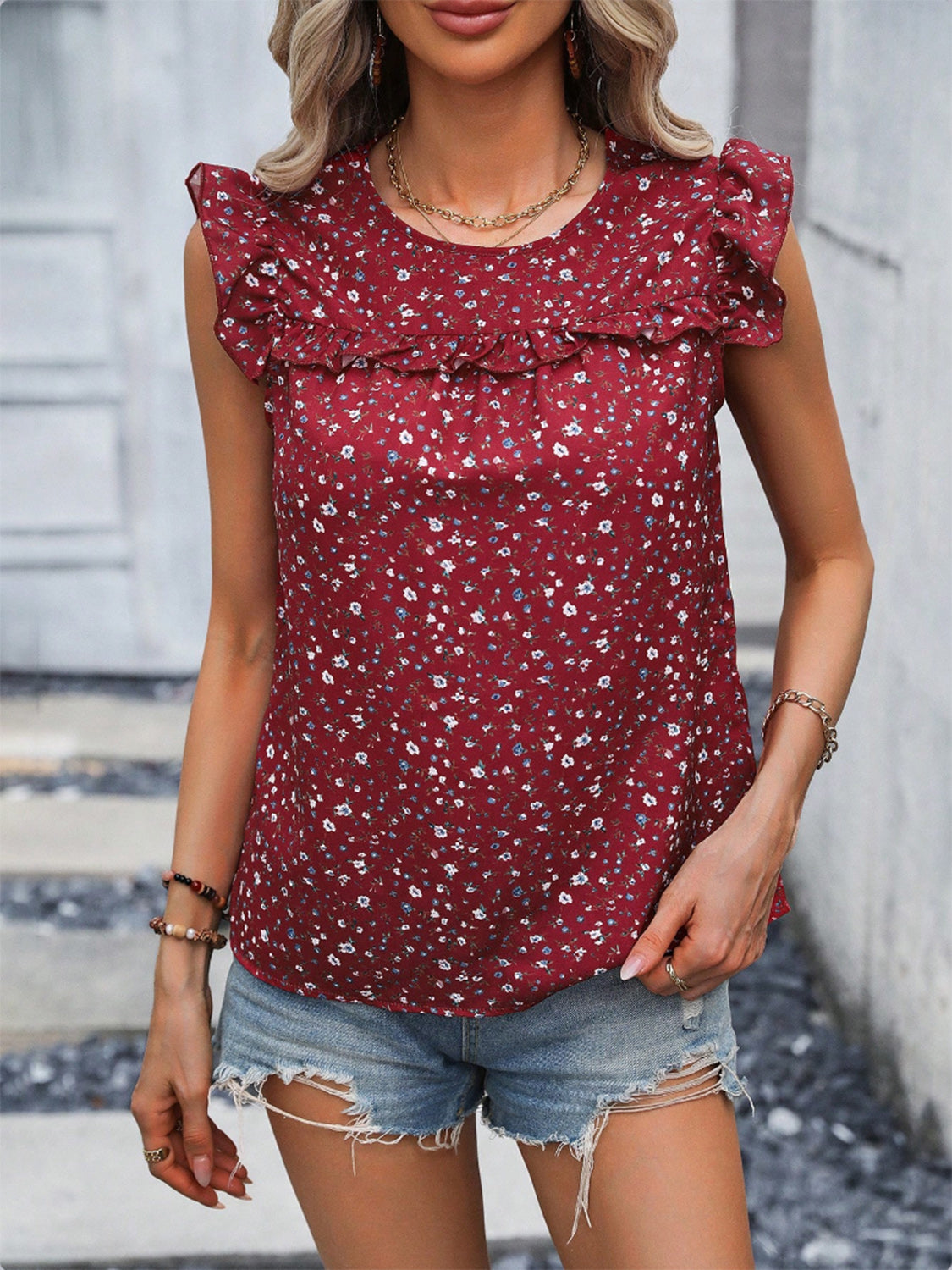 Ruffled Printed Round Neck Cap Sleeve Blouse Trendsi