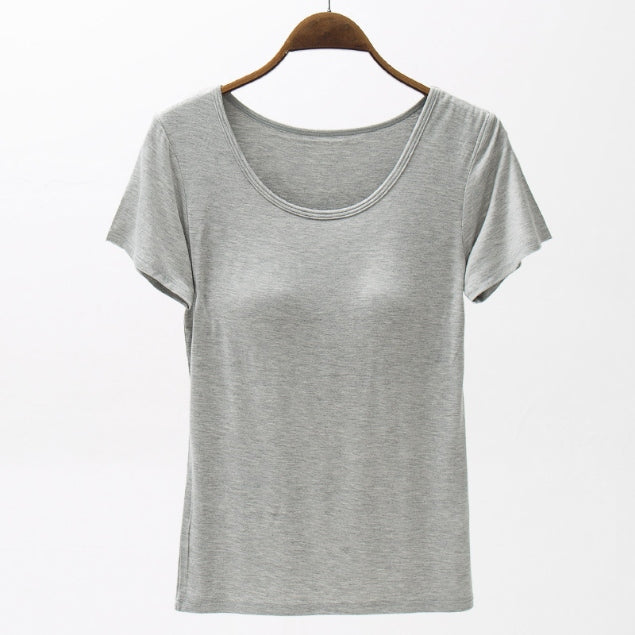 Round Neck Modal T-Shirt with Bra Trendsi