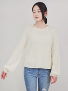 Puff Bell Sleeve Waffle Knit Pullover Sweater Top Mak