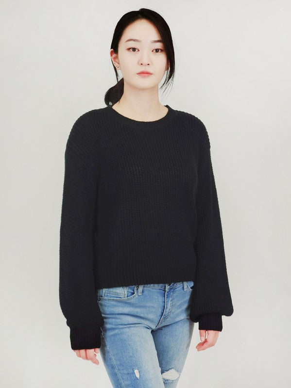 Puff Bell Sleeve Waffle Knit Pullover Sweater Top Mak