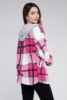 Plaid Drawstring Hooded Fleece Shacket ZENANA