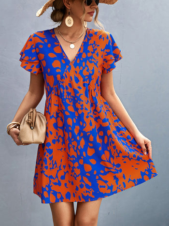 Ruffled Printed V-Neck Short Sleeve Mini Dress Trendsi