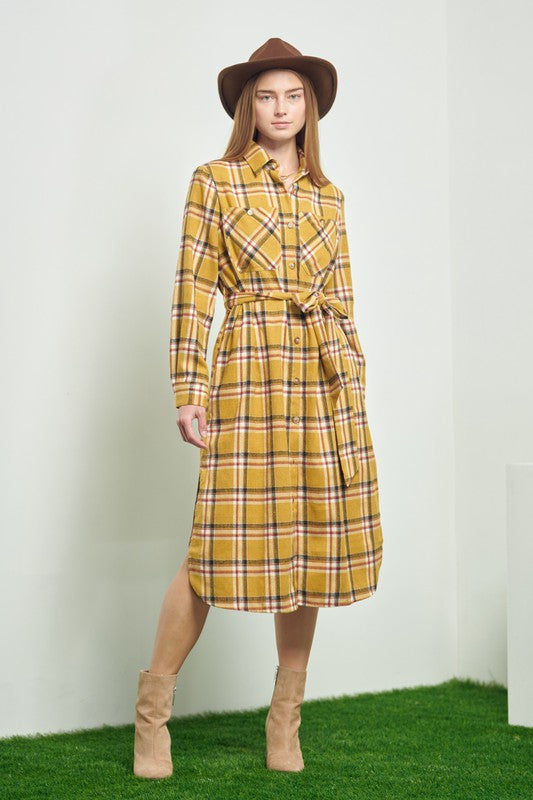 PLAID PRINT COLLAR LONG SHIRT DRESS Jade By Jane