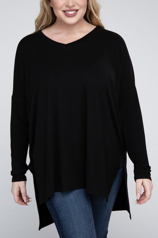 Plus Dolman Sleeve V-Neck Side Slit Hi-Low Hem Top ZENANA