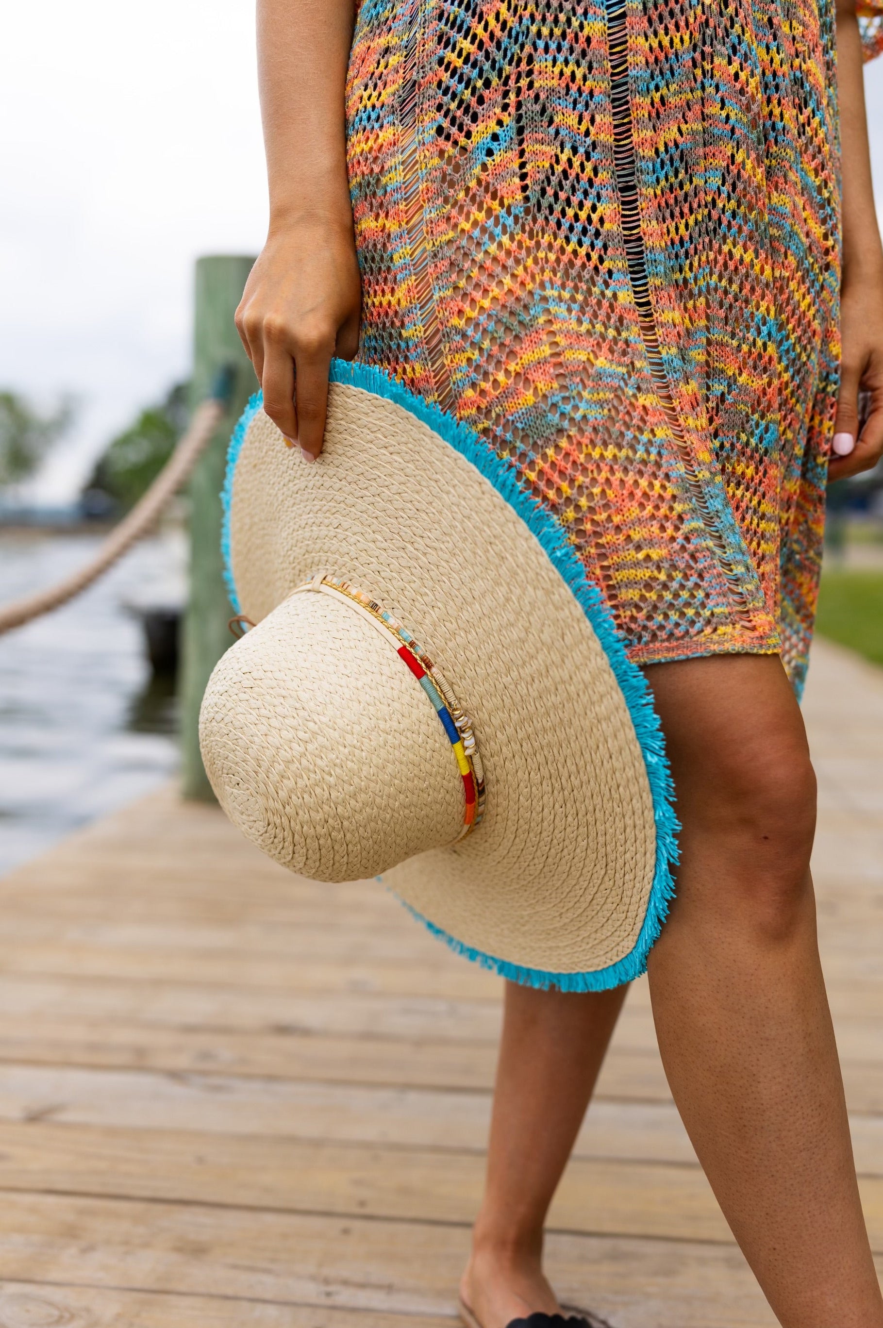 Frayed Straw Hat w/ Colored Bands Bliss Dropship