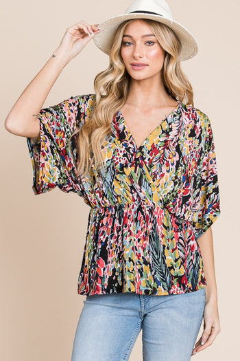 BOMBOM Printed Surplice Peplum Blouse Trendsi