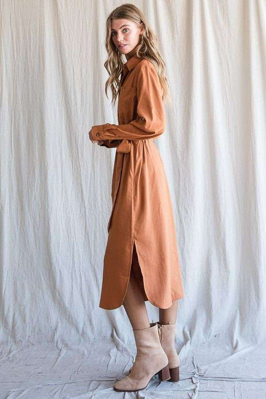 SOLID BUTTON DOWN BELTED LONG DRESS 30-545 Jade By Jane