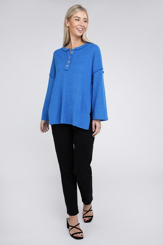 Ribbed Brushed Melange Hacci Henley Sweater ZENANA