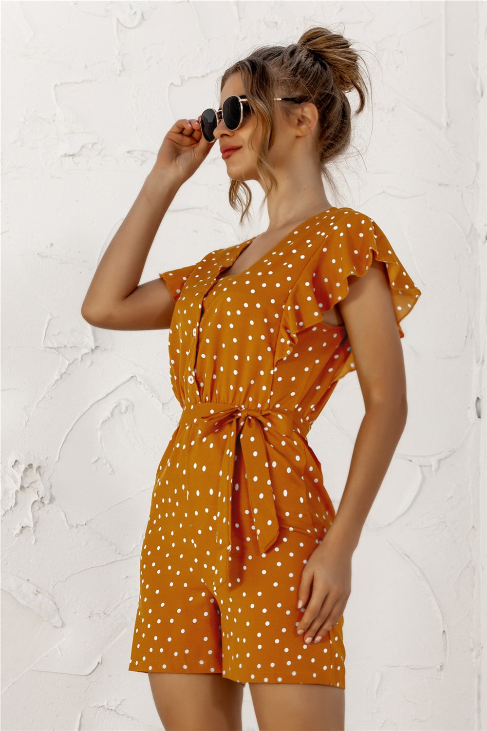 Ruffled Polka Dot Half Button Romper Trendsi