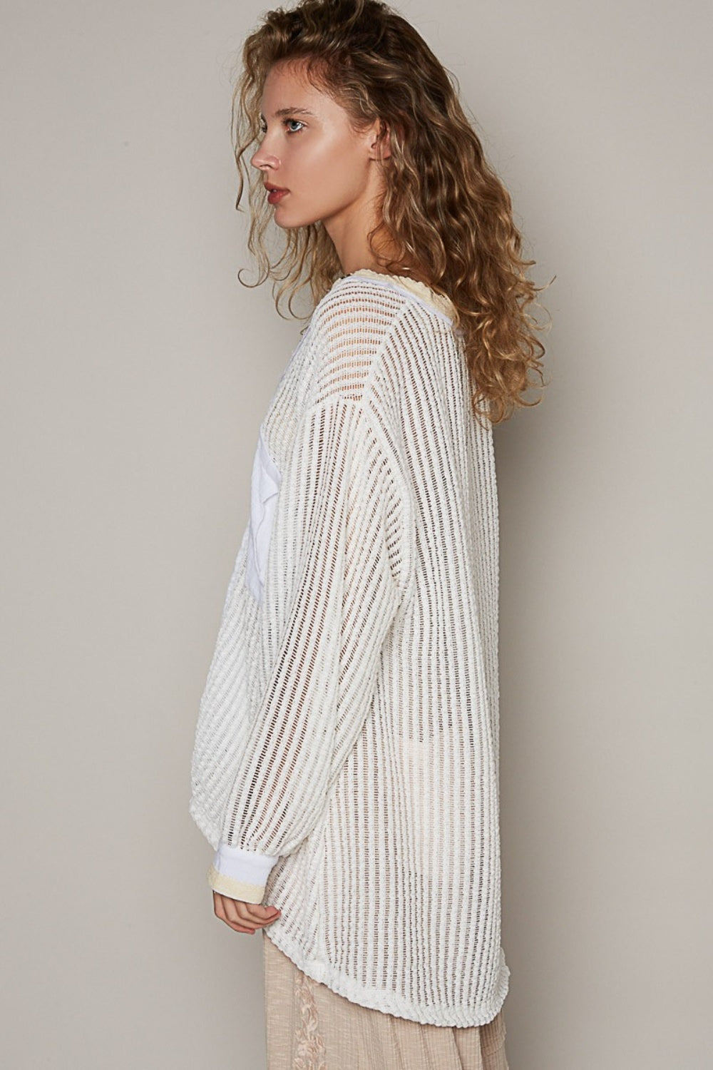 POL V-Neck Long Sleeve Crochet Top Trendsi